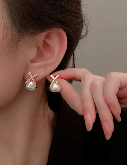 Triangular Cross Pearl Stud Earrings - SubhagAlankar