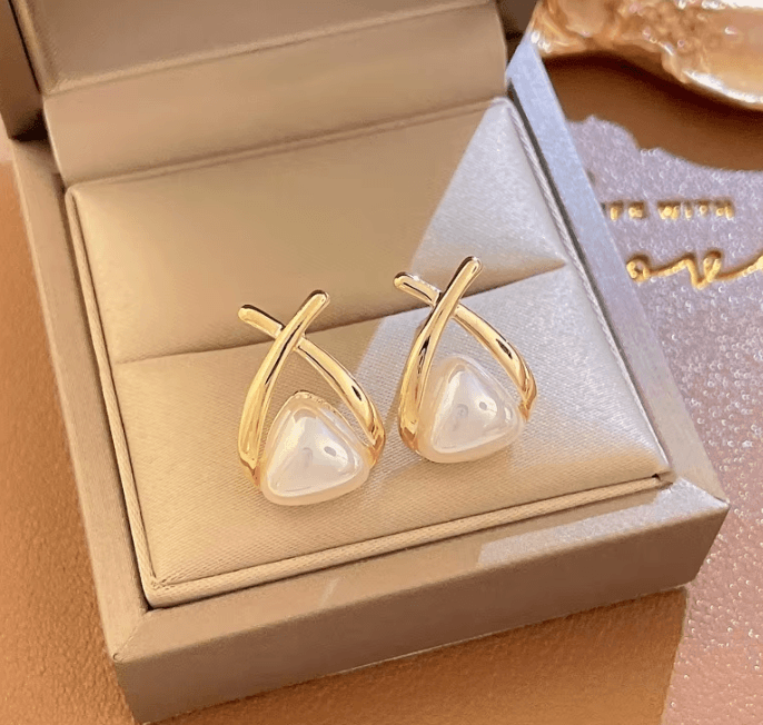 Triangular Cross Pearl Stud Earrings - SubhagAlankar