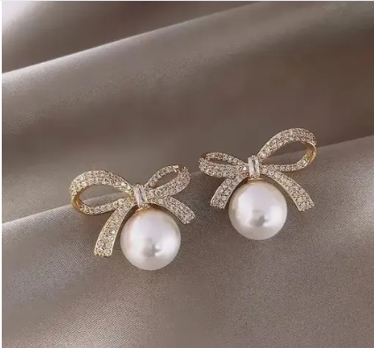 Golden Bow Pearl Stone Stud Earring - SubhagAlankar