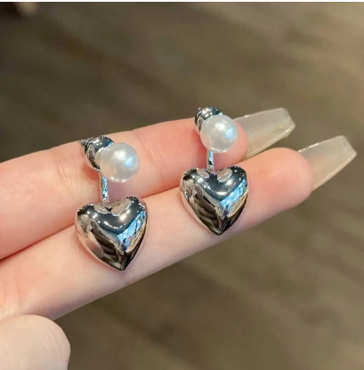 Korean Silver Heart Pearl Drop Earring - SubhagAlankar
