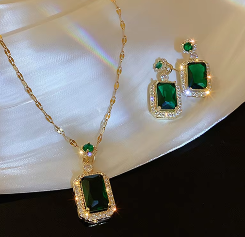 Green Emerald Necklace and Earrings Set - 18K Gold Plated - SubhagAlankar