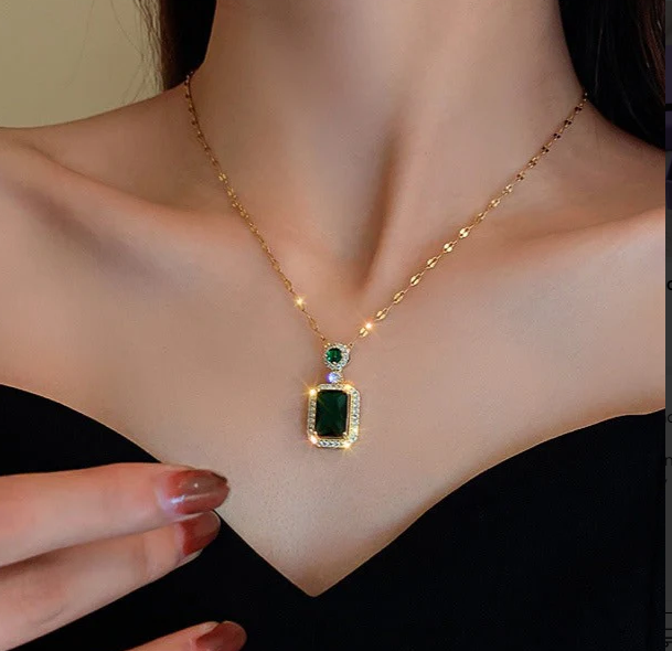 Green Emerald Necklace and Earrings Set - 18K Gold Plated - SubhagAlankar