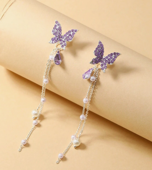 Lilac Crystal Butterfly Chain Earrings - SubhagAlankar