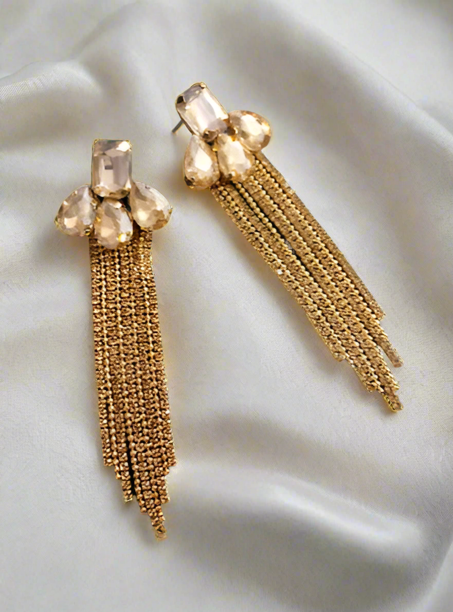 Graceful Golden Crystal Tassel Earring - SubhagAlankar