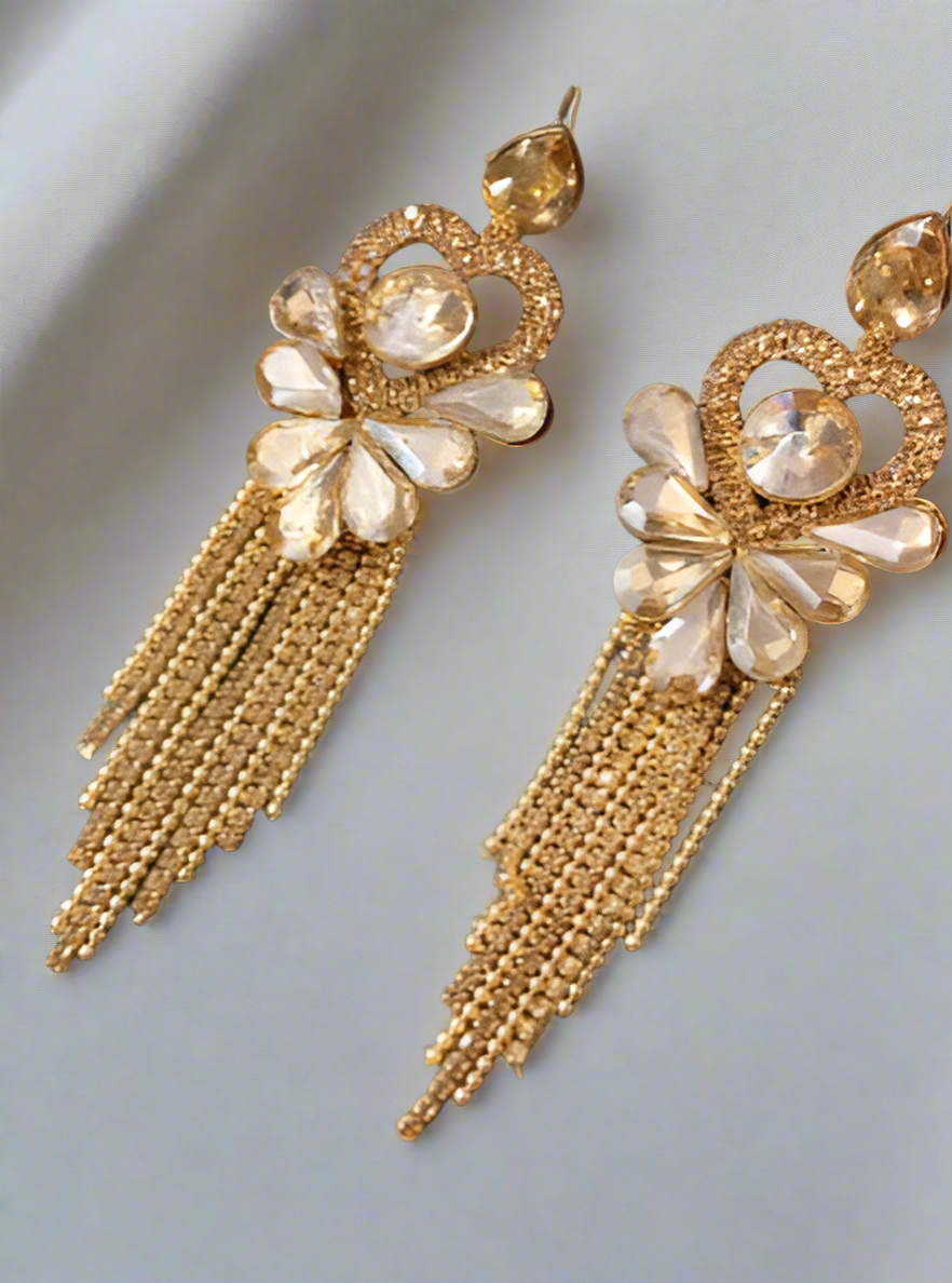 Golden Heart Crystal Tassel Earring - SubhagAlankar
