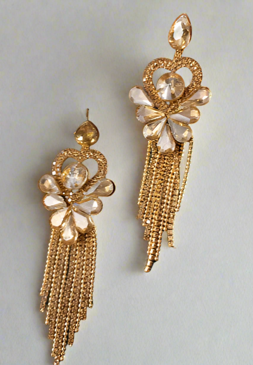 Golden Heart Crystal Tassel Earring - SubhagAlankar