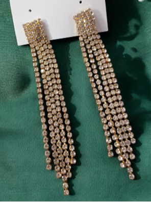 Gold Plated Rhinestone Long Tassel Earrings - SubhagAlankar