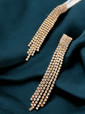 Gold Plated Rhinestone Long Tassel Earrings - SubhagAlankar