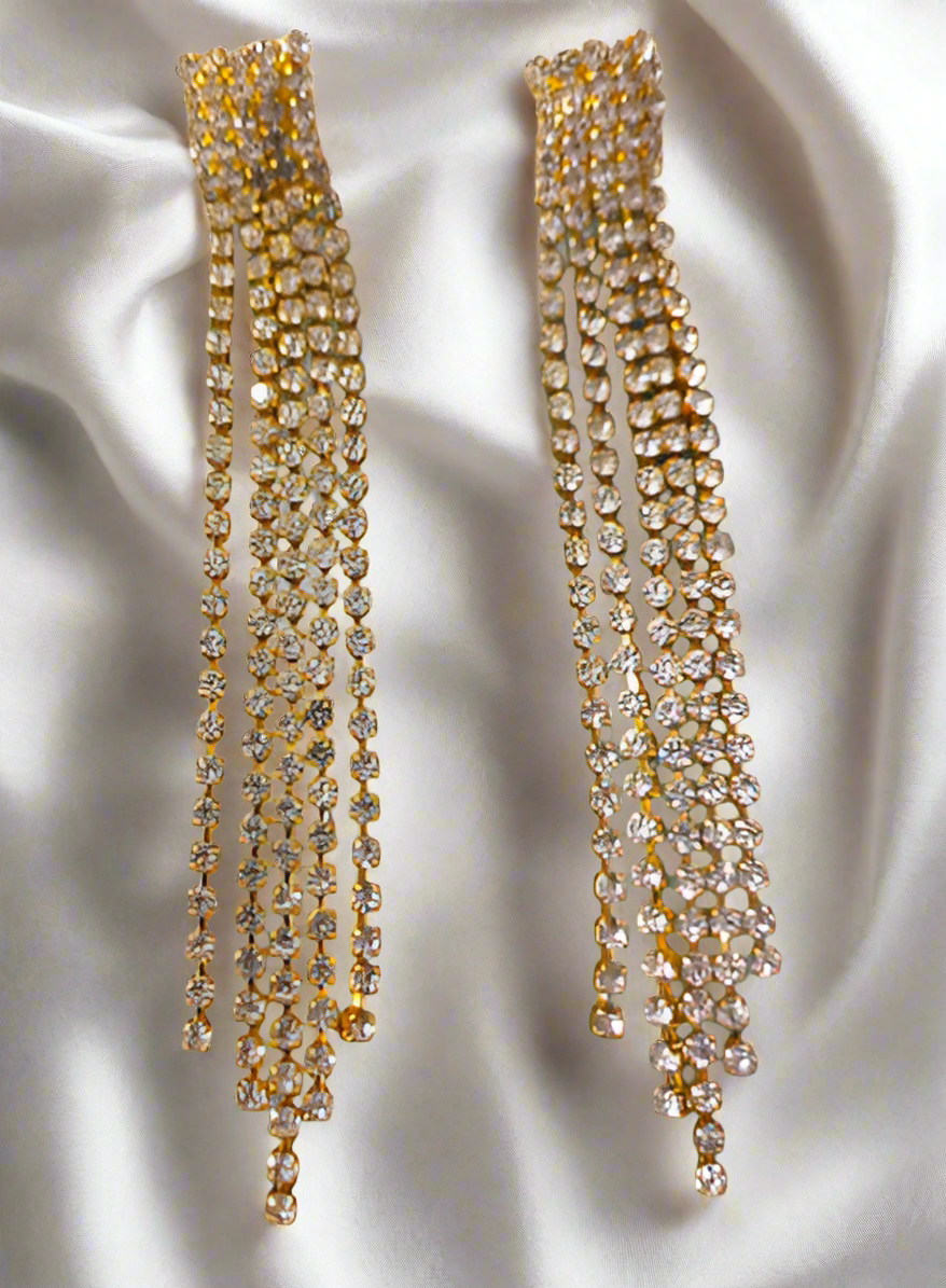 Gold Plated Rhinestone Long Tassel Earrings - SubhagAlankar