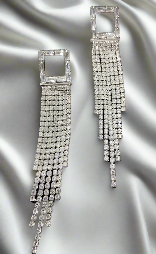 Rhinestone Long Square Tassel Earrings - Silver - SubhagAlankar