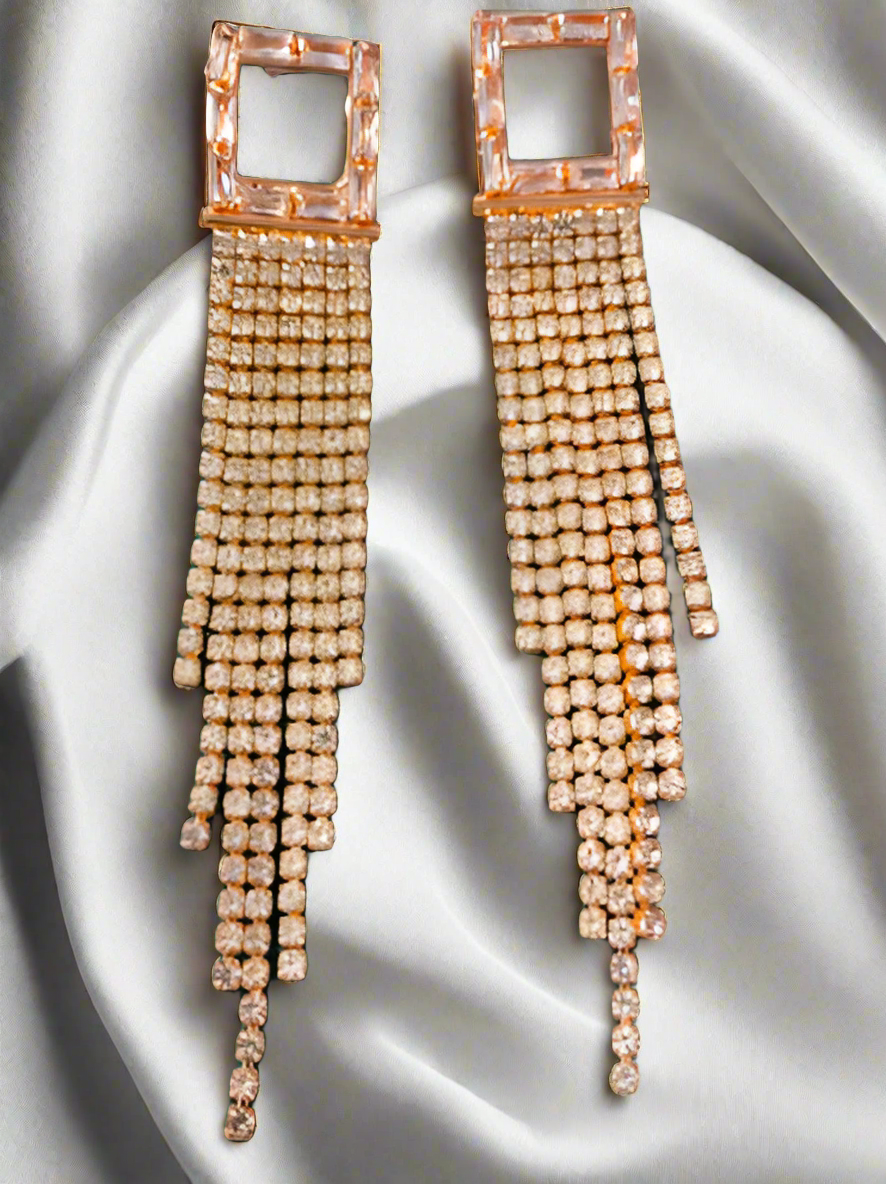 Rhinestone Long Square Tassel Earrings -Rose Gold - SubhagAlankar