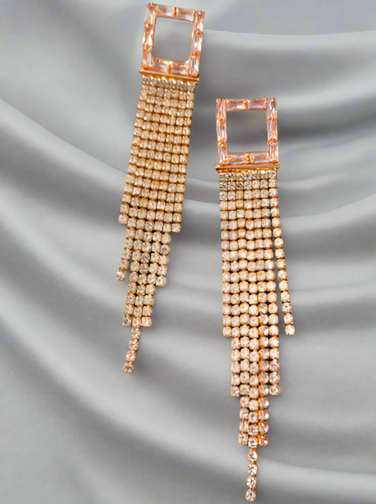 Rhinestone Long Square Tassel Earrings -Rose Gold - SubhagAlankar