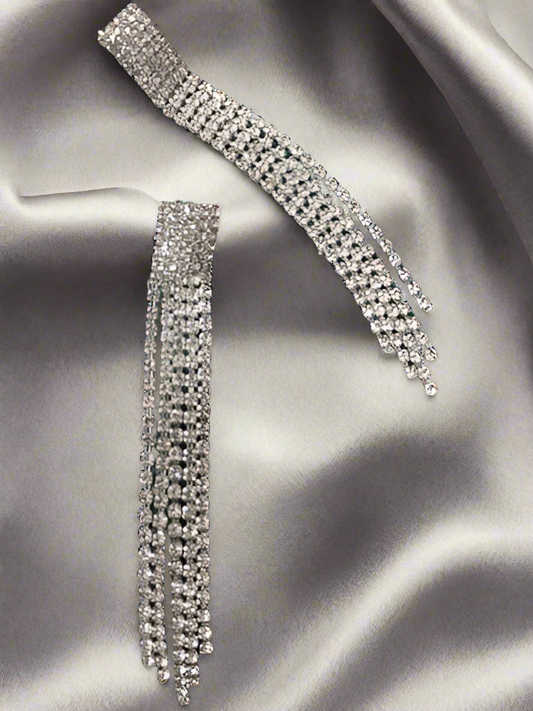 Silver Plated Rhinestone Long Tassel Earrings - SubhagAlankar