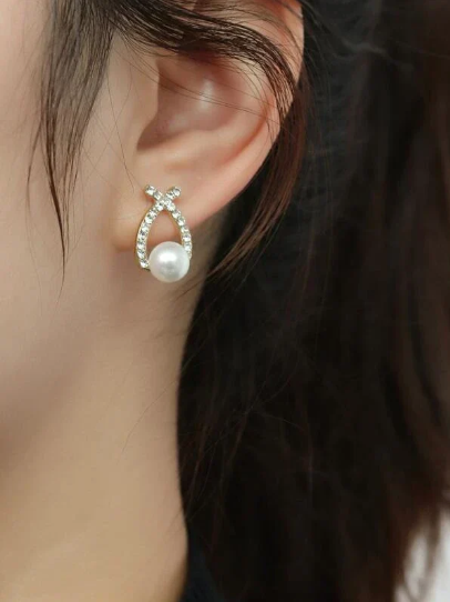 Classic Pearl Cross Stud Earrings - SubhagAlankar
