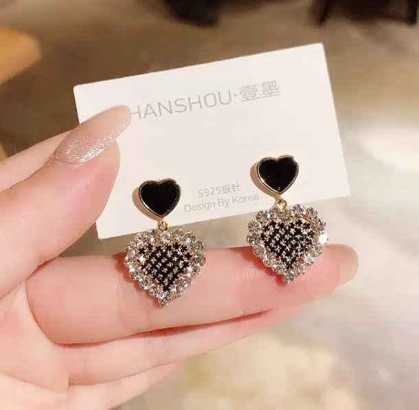 Sparkling Black Heart Drop Earrings - SubhagAlankar