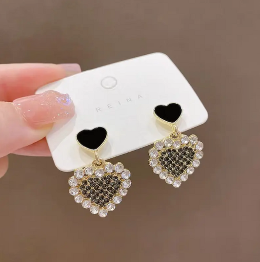 Sparkling Black Heart Drop Earrings - SubhagAlankar
