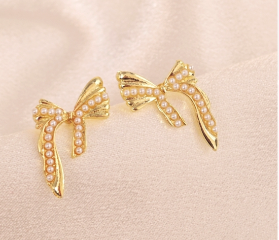 Graceful Gold Ribbon Pearl Earrings - SubhagAlankar