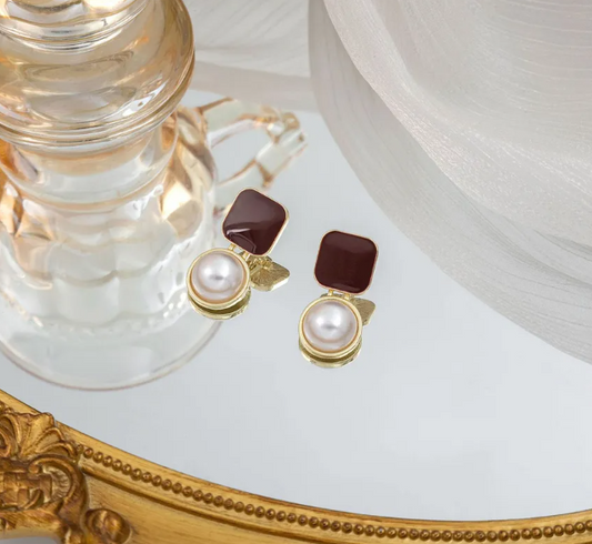 Red Square Pearl Drop Earrings - SubhagAlankar