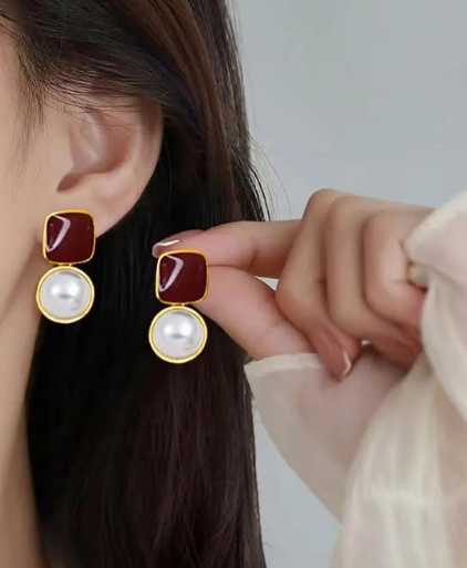 Red Square Pearl Drop Earrings - SubhagAlankar