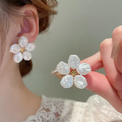 Classic White Pearl Flower Studs - SubhagAlankar