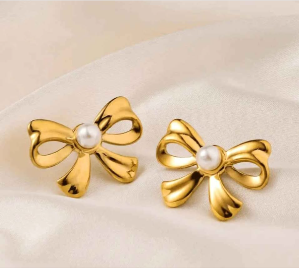 18K Gold Plated Bow Pearl Stud Earring - SubhagAlankar