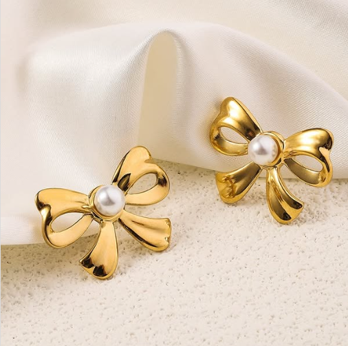 18K Gold Plated Bow Pearl Stud Earring - SubhagAlankar