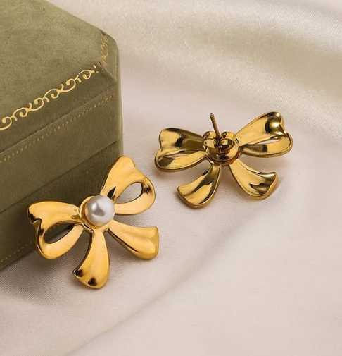 18K Gold Plated Bow Pearl Stud Earring - SubhagAlankar