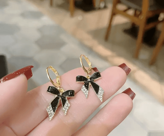 Rhinestone Black Bow Knot Earrings - SubhagAlankar