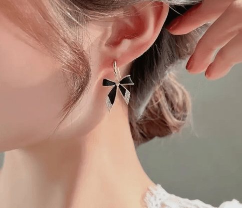 Rhinestone Black Bow Knot Earrings - SubhagAlankar