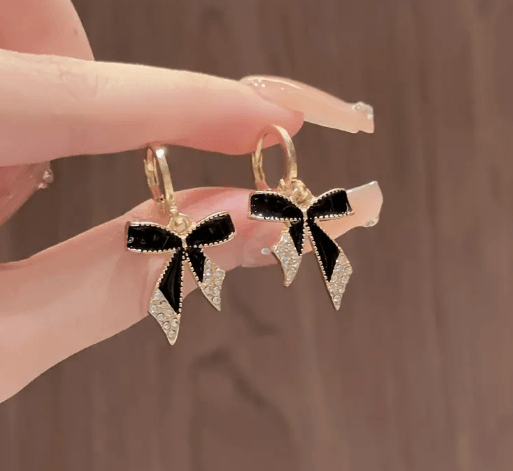 Rhinestone Black Bow Knot Earrings - SubhagAlankar