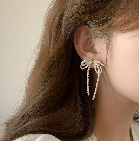 White Bow Pearl Earring - SubhagAlankar