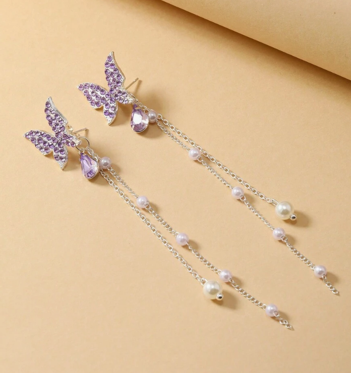 Lilac Crystal Butterfly Chain Earrings - SubhagAlankar