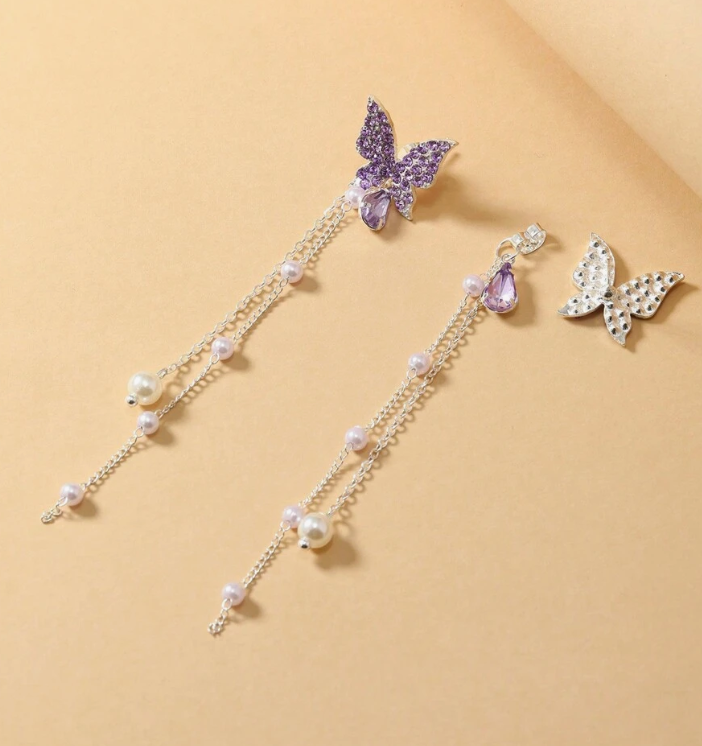 Lilac Crystal Butterfly Chain Earrings - SubhagAlankar