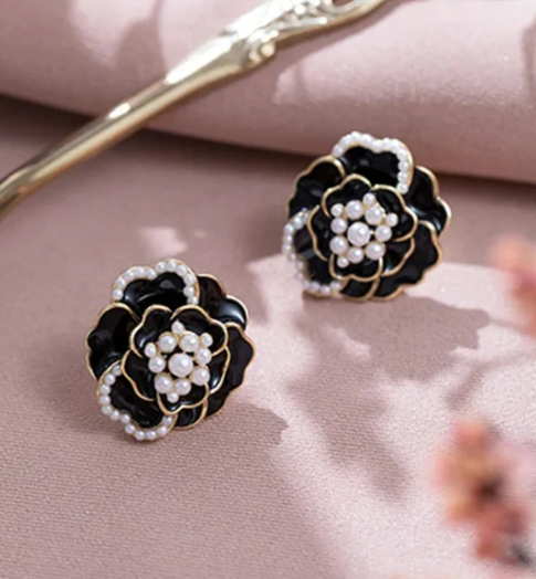 Black Enamel Rose Stud - SubhagAlankar