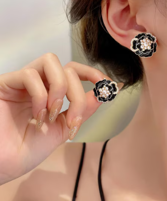 Black Enamel Rose Stud - SubhagAlankar