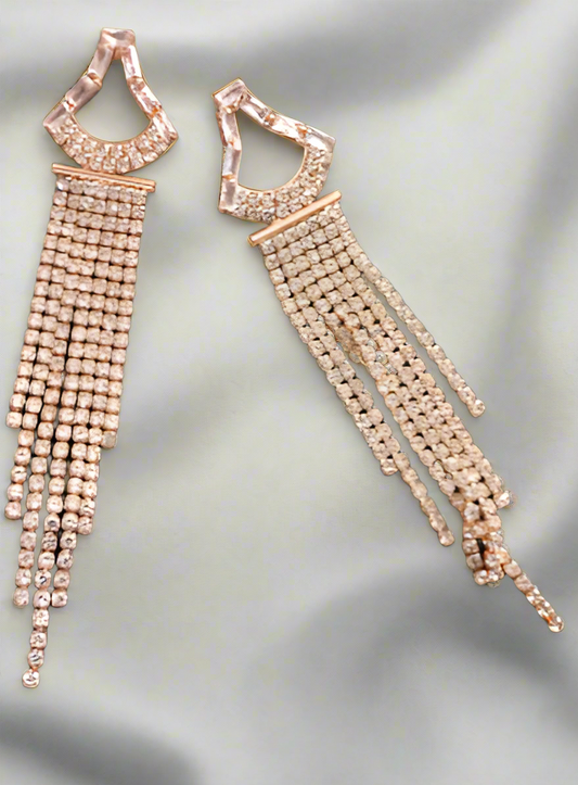 Rhinestone Triangular Long Tassel Earrings - Rose Gold - SubhagAlankar