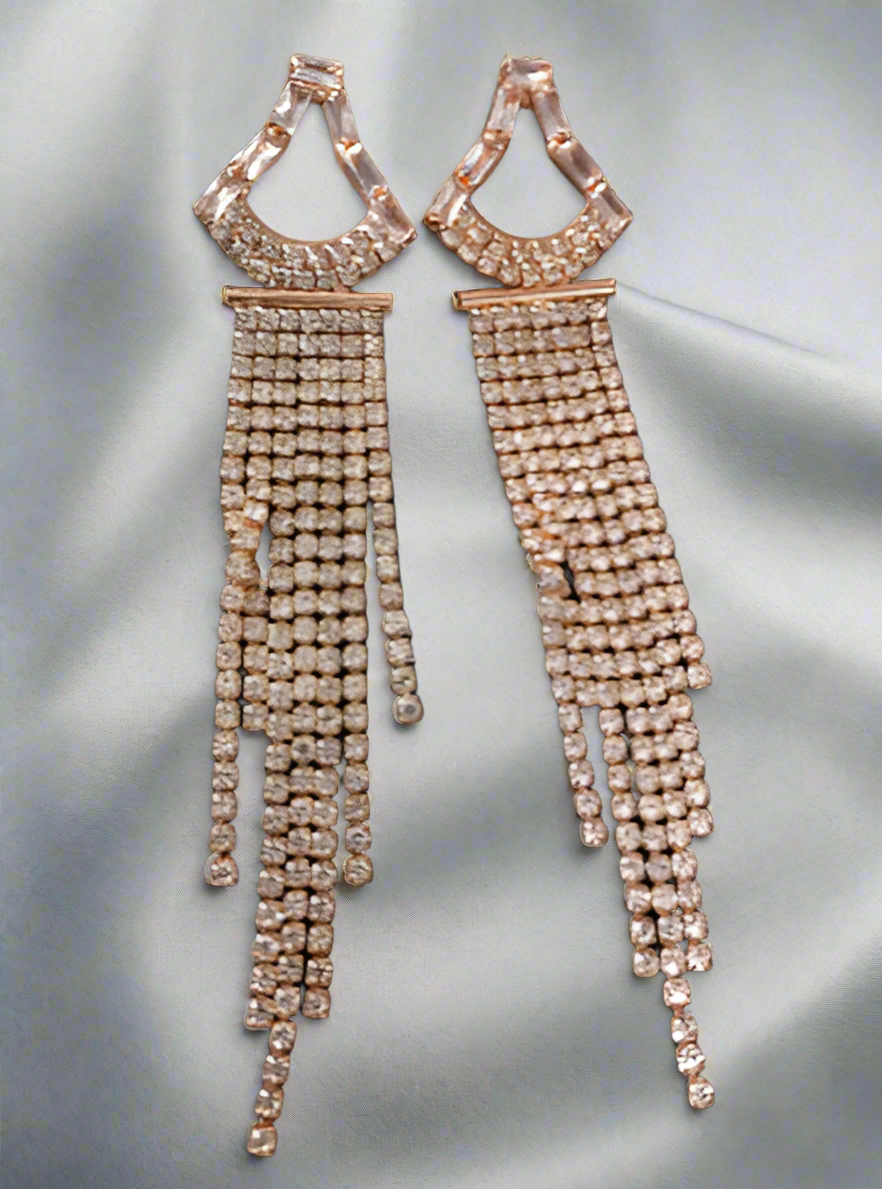 Rhinestone Triangular Long Tassel Earrings - Rose Gold - SubhagAlankar