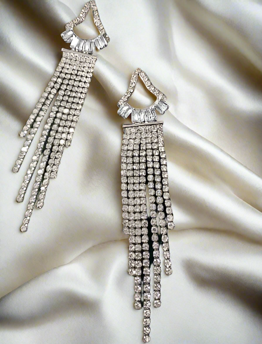 Rhinestone Triangular Long Tassel Earrings -Silver - SubhagAlankar