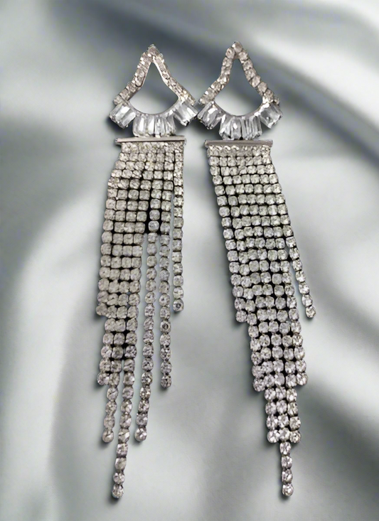 Rhinestone Triangular Long Tassel Earrings -Silver - SubhagAlankar