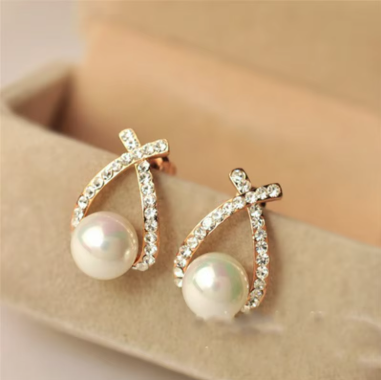 Classic Pearl Cross Stud Earrings - SubhagAlankar