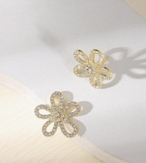 Rhinestone Hollow Flower Petal Earrings-GOLD - SubhagAlankar