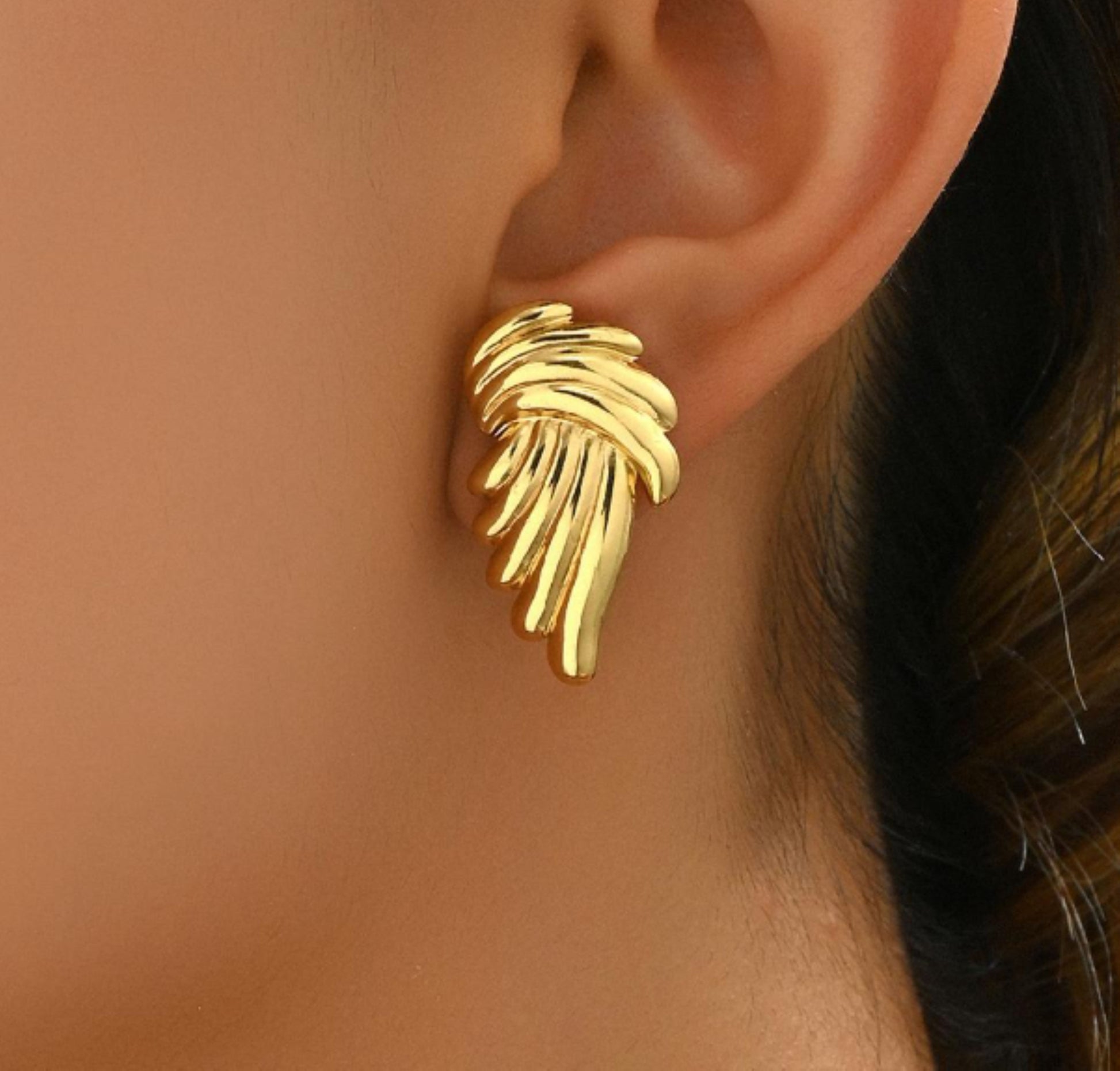 18k Gold Plated Graceful Feathered Gold Earrings - SubhagAlankar