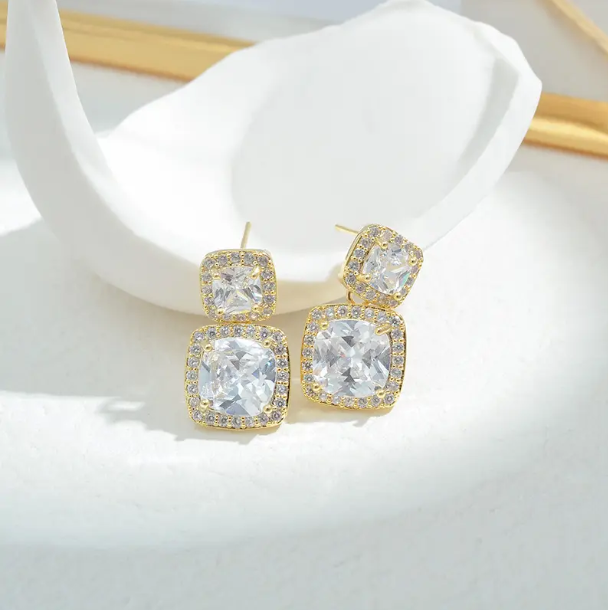 Golden Zircon Square Drop Earrings - SubhagAlankar