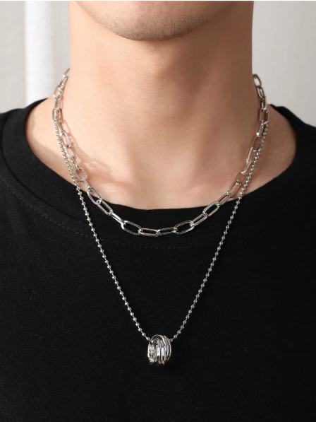 Bold Silver-Plated Double Chain Necklace For Men's - SubhagAlankar