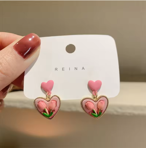 Pink Heart Tulip Drop Earring - SubhagAlankar
