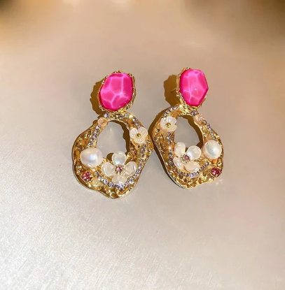 Elegant Pink Gem Floral Drop Earring - SubhagAlankar