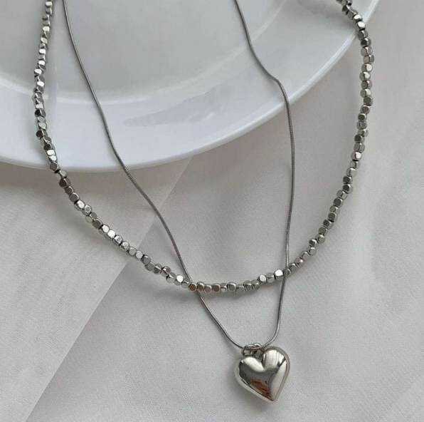 Graceful Silver-Plated Heart & Bead Necklace - SubhagAlankar