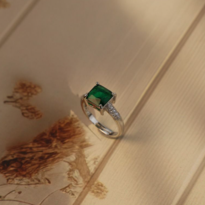 Radiant Green Square Stone Silver Ring - SubhagAlankar