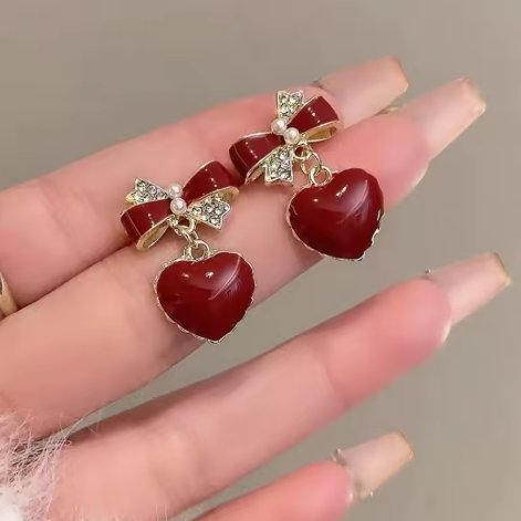 Elegant Red Bow Heart Drop Earring - SubhagAlankar