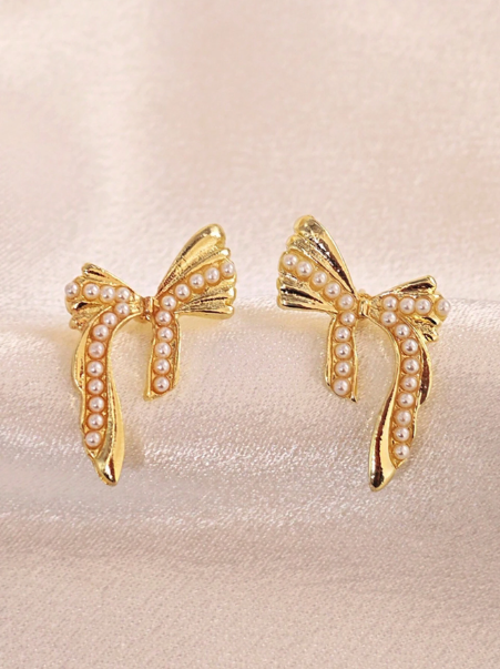 Graceful Gold Ribbon Pearl Earrings - SubhagAlankar
